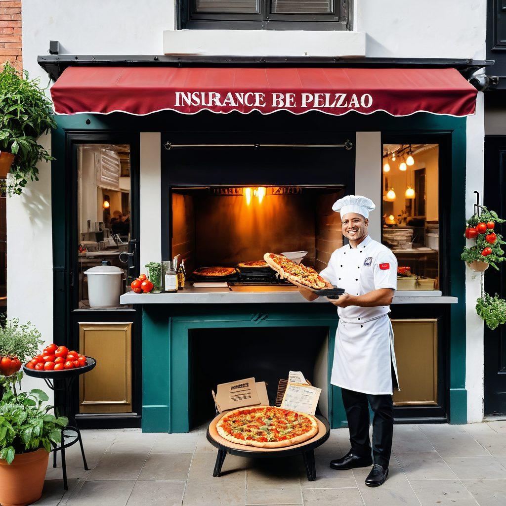 A cozy, inviting pizzeria scene showcasing a bustling atmosphere with a friendly chef at the oven, surrounded by ingredients symbolizing freshness and quality. In the foreground, a shield-shaped insurance policy document overlays the pizza, symbolizing protection. The background features a sunny street view with happy customers enjoying their meals. Create a sense of warmth and safety in the environment. super-realistic. vibrant colors. white background.