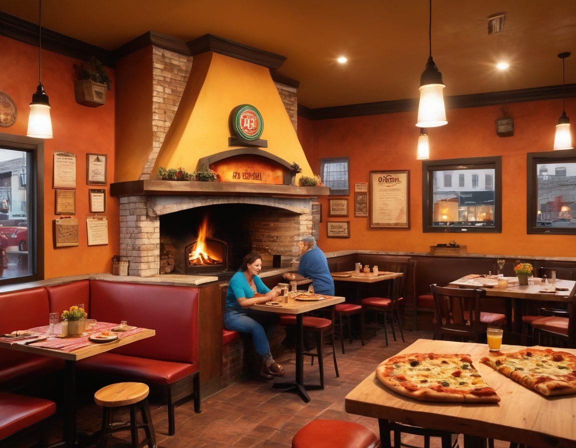 A cozy, inviting pizzeria with a rustic wood-fired oven, surrounded by various insurance documents and a shield symbol representing protection. Include a friendly pizzeria owner discussing insurance with a customer, with pizza slices on the table. The backdrop features vibrant walls decorated with pizza-themed art and a warm, welcoming atmosphere. super-realistic. vibrant colors. warm lighting.