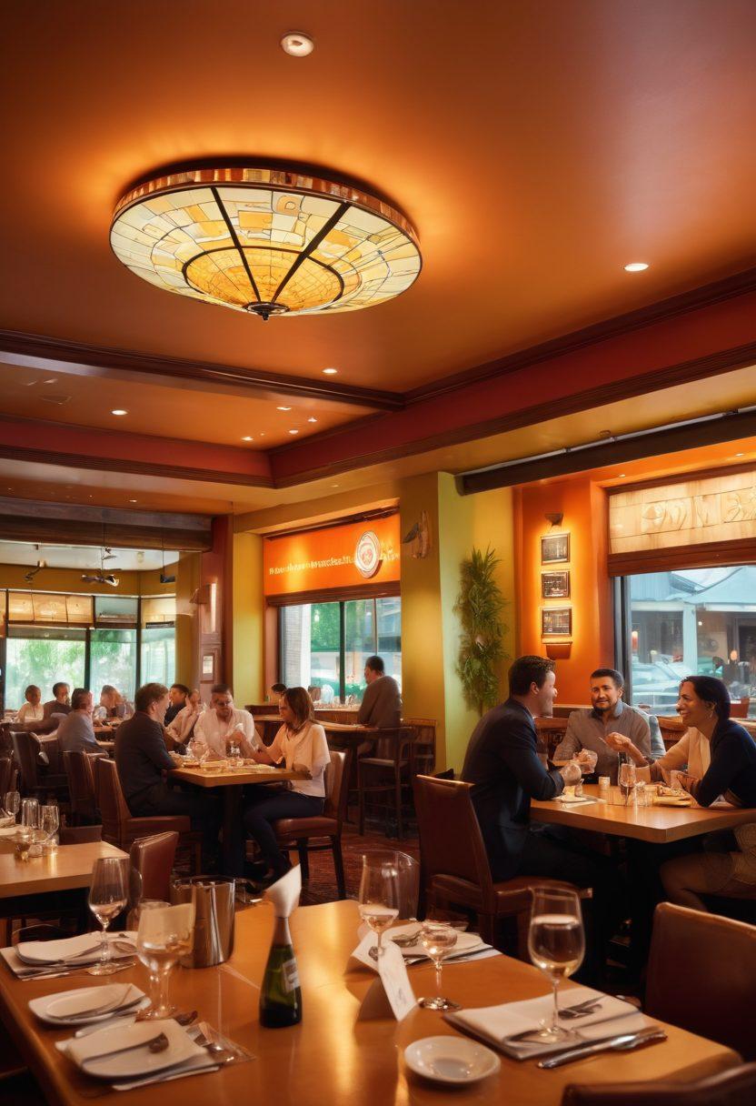 A vibrant scene of a bustling restaurant with happy patrons, displaying a shield symbol that represents insurance protection over the establishment. Include visual elements like restaurant staff discussing claims with an insurance agent, while dollar bills and safety symbols float around to signify financial security. The background should show an inviting atmosphere with warm lighting and delicious food. super-realistic. vibrant colors. dynamic composition.